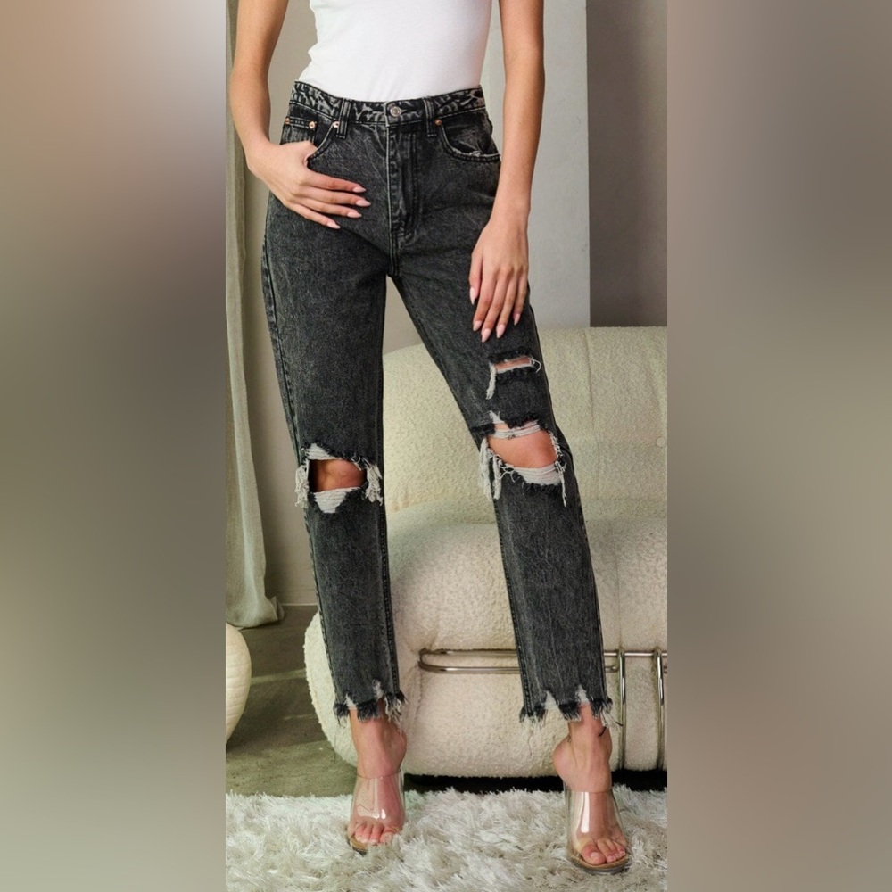 Signature 8 Distressed High Waisted Denim Jeans in Washed Black NWT